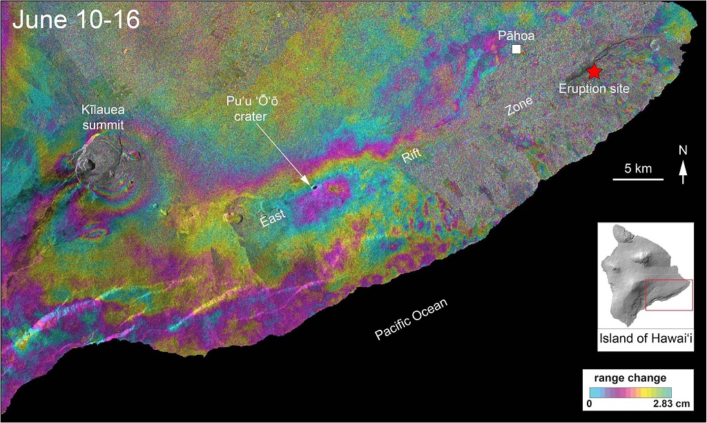 This radar interferogram shows the deformation that occurred on Kilauea volcano between June 10 and 16 as seen from space by the Sentinel-1 satellite. Colored fringes indicate motion of the ground surface, with more fringes meaning more deformation. The image shows that there is little ground motion along the East Rift Zone despite the ongoing lower East Rift Zone eruption.  However, at the summit the fringes are so close together in the center of the caldera that they merge together and cannot be distinguished -- a sign of the extreme and rapid style of subsidence happening at Kilauea’s summit. (HVO/USGS)
