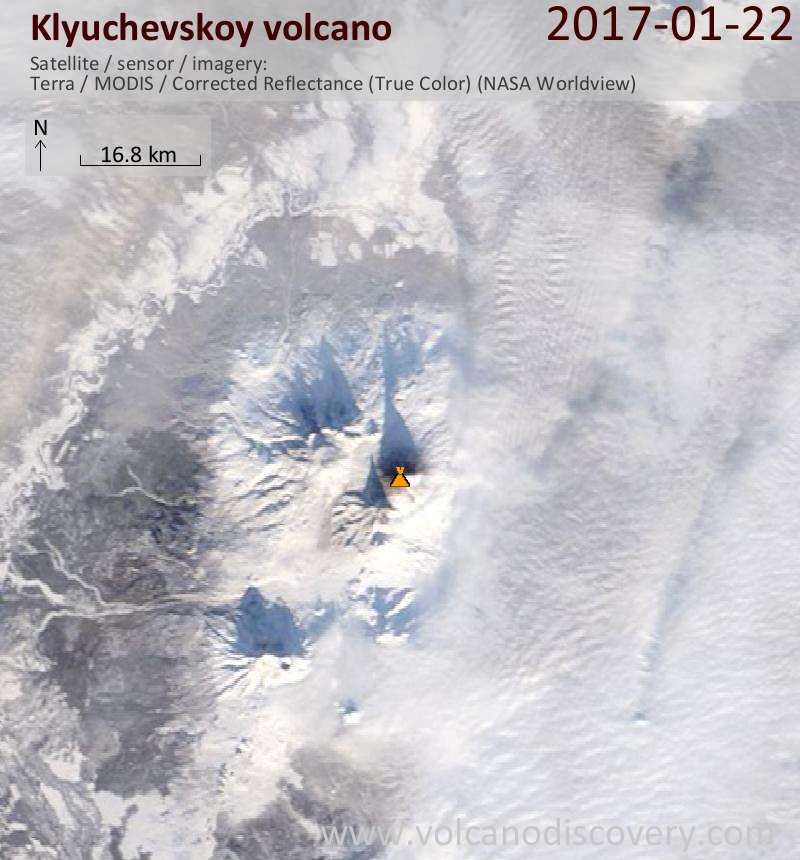 Satellite image of Klyuchevskoy volcano on 22 Jan 2017