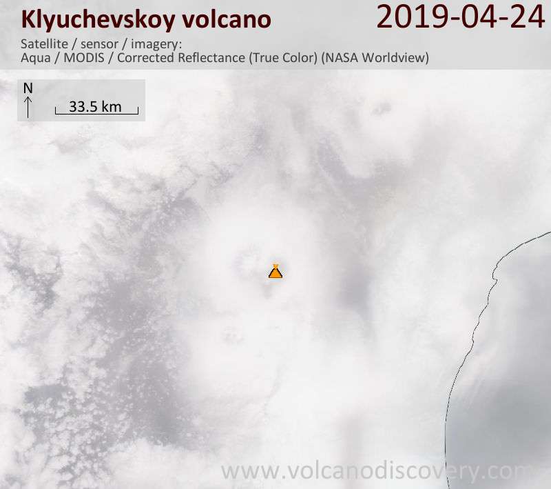 Satellite image of Klyuchevskoy volcano on 24 Apr 2019