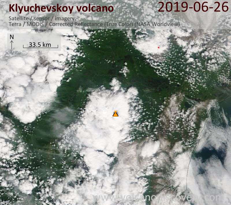 Satellite image of Klyuchevskoy volcano on 26 Jun 2019