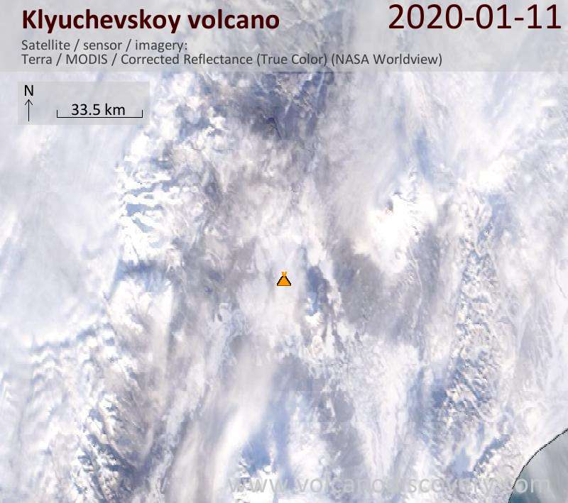 Satellite image of Klyuchevskoy volcano on 11 Jan 2020