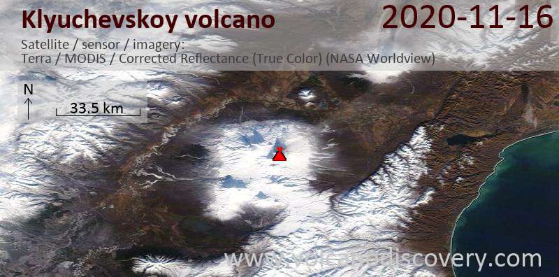 Satellite image of Klyuchevskoy volcano on 16 Nov 2020