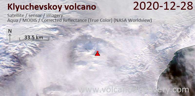 Satellite image of Klyuchevskoy volcano on 28 Dec 2020