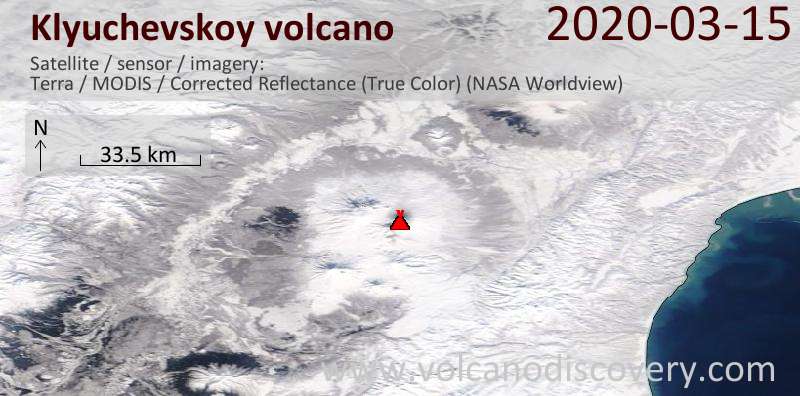 Satellite image of Klyuchevskoy volcano on 15 Mar 2020