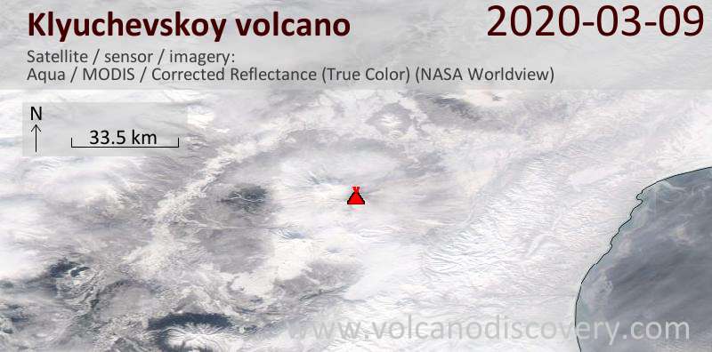 Satellite image of Klyuchevskoy volcano on  9 Mar 2020