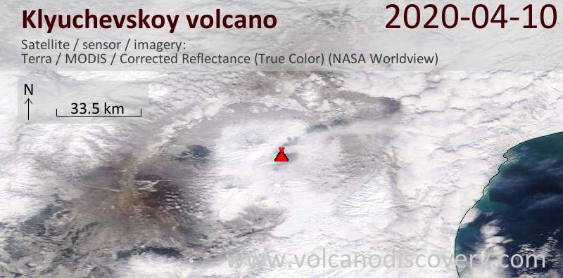 Satellite image of Klyuchevskoy volcano on 11 Apr 2020