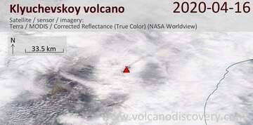 Satellite image of Klyuchevskoy volcano on 16 Apr 2020