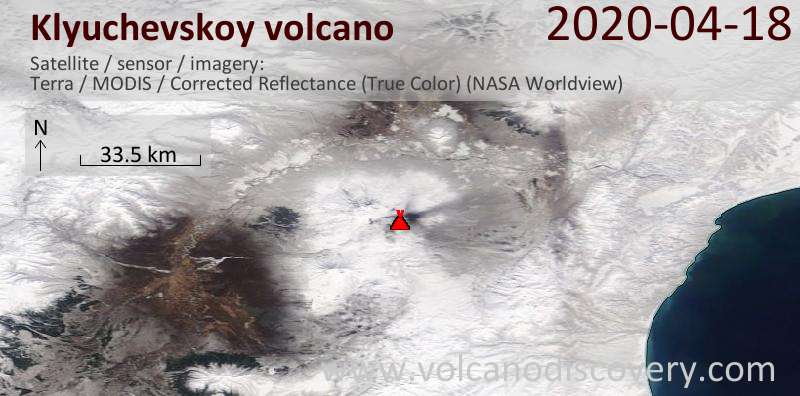 Спутниковое изображение вулкана Klyuchevskoy 18 Apr 2020