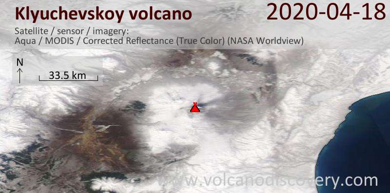 Satellitenbild des Klyuchevskoy Vulkans am 19 Apr 2020
