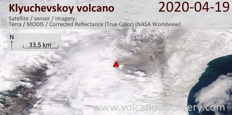 Спутниковое изображение вулкана Klyuchevskoy 20 Apr 2020
