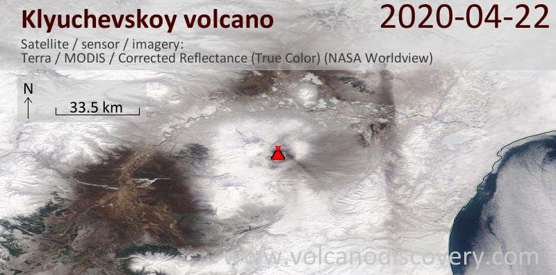 Satellite image of Klyuchevskoy volcano on 22 Apr 2020