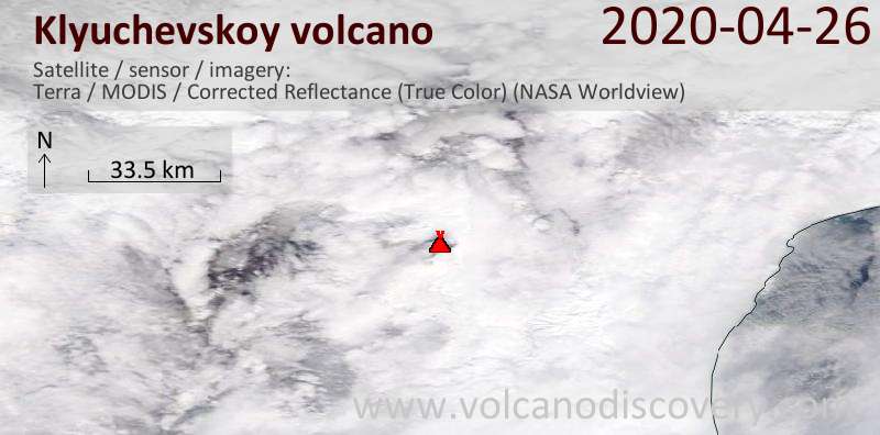 Спутниковое изображение вулкана Klyuchevskoy 26 Apr 2020
