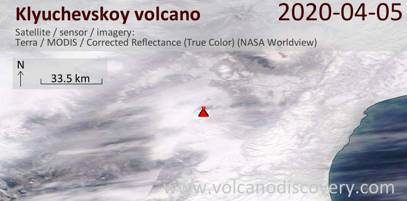 Satellite image of Klyuchevskoy volcano on  5 Apr 2020