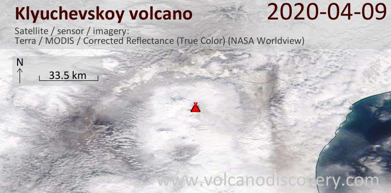 Satellite image of Klyuchevskoy volcano on  9 Apr 2020