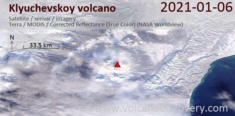 Satellite image of Klyuchevskoy volcano on  6 Jan 2021