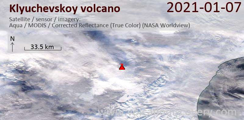 Satellite image of Klyuchevskoy volcano on  7 Jan 2021