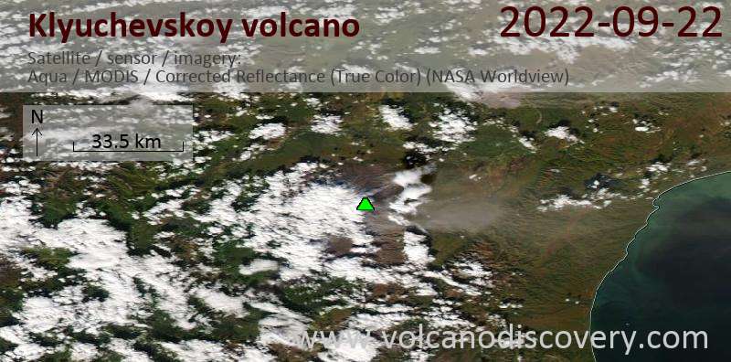 Satellite image of Klyuchevskoy volcano on 23 Sep 2022