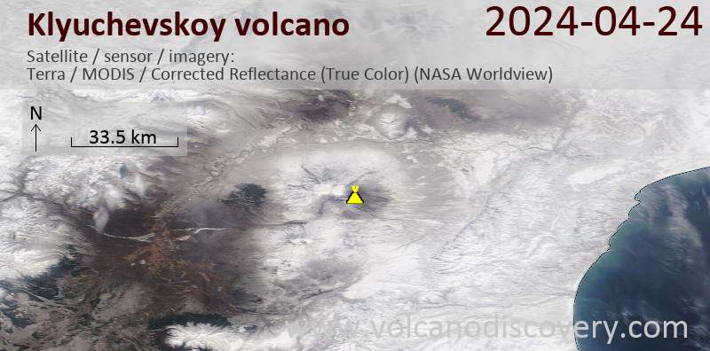 Satellite image of Klyuchevskoy volcano on 24 Apr 2024