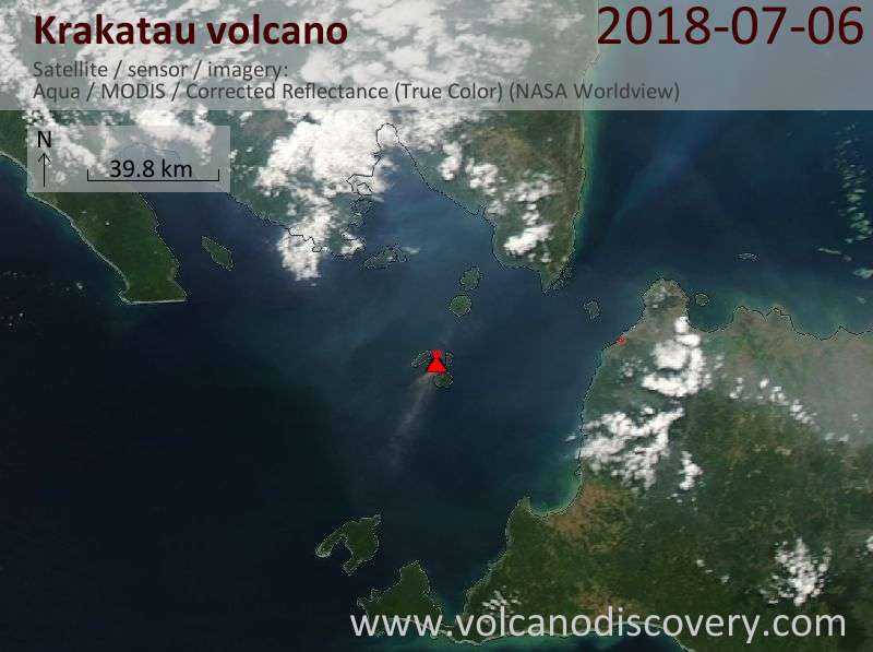 Satellite image of Krakatau volcano on  6 Jul 2018