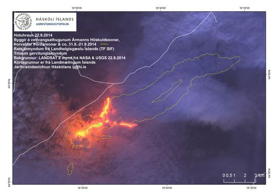 Satellite image from 22 Sep, showing the 2 main lava flows from the Holuhraun eruption (image: Institute of Earth Sciences. Landsat 8, NASA & USGS)