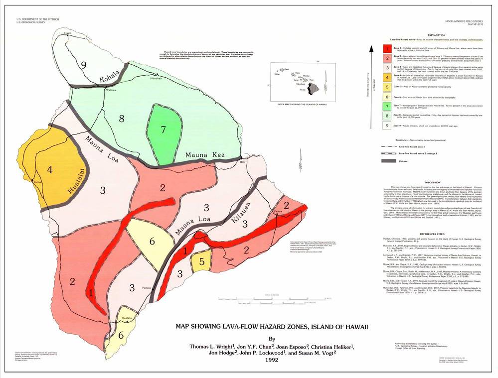 Map indicating the lava hazard on the Big Island, Hawaii. Red Zone 1 is where fissures begin eruptions. Downhill, pink Zone 2 is where those eruptions are most likely to feed flows. The current eruption in the Leilani Estates is in the bottom right Red Zone 1 (image: USGS)