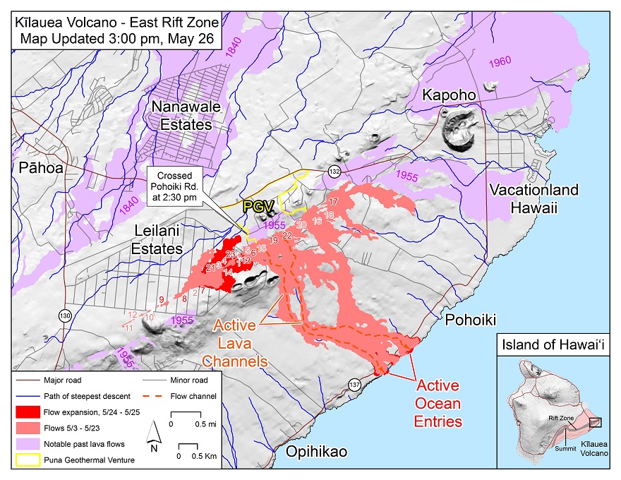Lava flow and fissures map of the Leilani eruption site as of 3:00 p.m. HST, May 26. Shaded purple areas indicate lava flows erupted in 1840, 1955, 1960, and 2014-2015. (HVO/USGS)