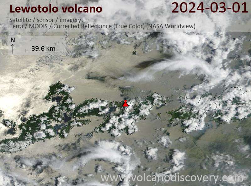 Спутниковое изображение вулкана Lewotolo  1 Mar 2024