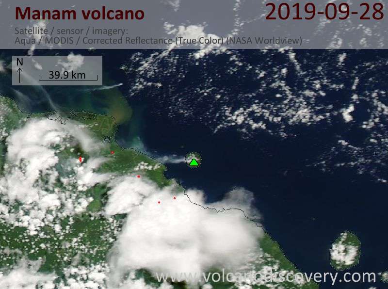 Satellitenbild des Manam Vulkans am 28 Sep 2019