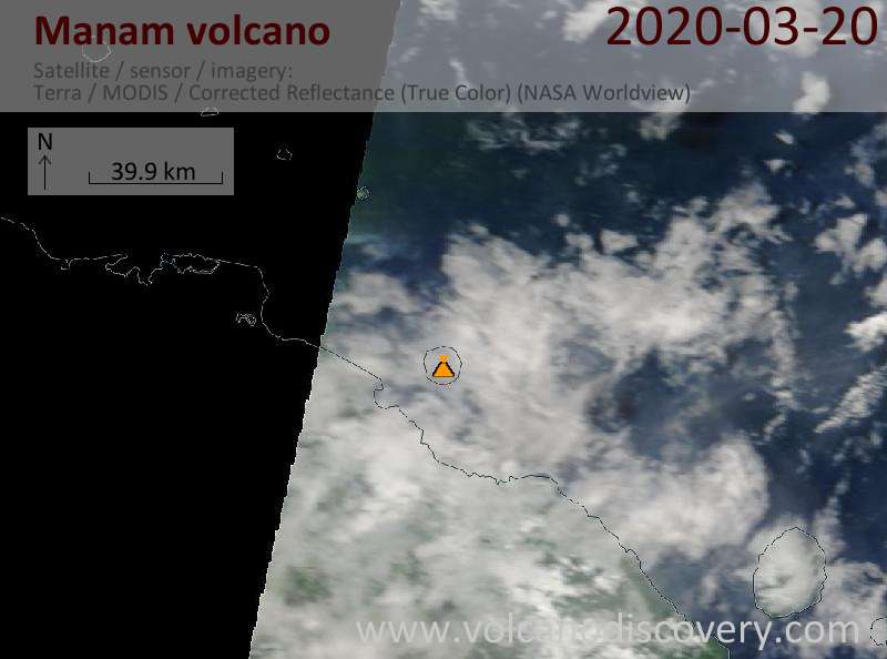 Satellitenbild des Manam Vulkans am 20 Mar 2020