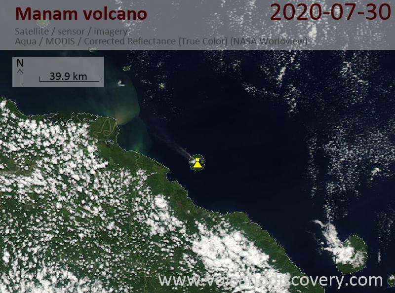 Satellitenbild des Manam Vulkans am 30 Jul 2020