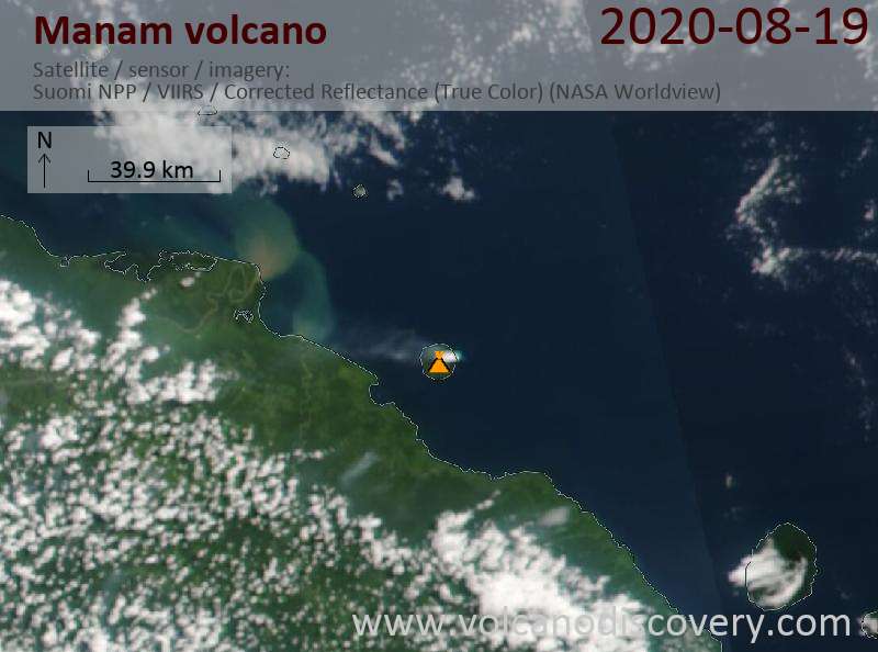 Satellitenbild des Manam Vulkans am 20 Aug 2020