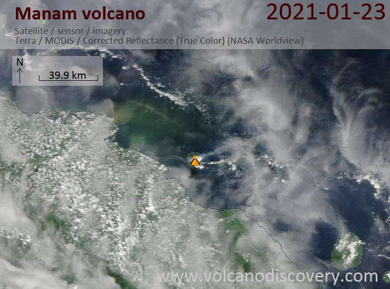 Спутниковое изображение вулкана Manam 23 Jan 2021