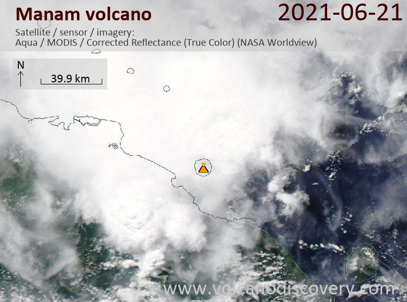 Satellitenbild des Manam Vulkans am 22 Jun 2021
