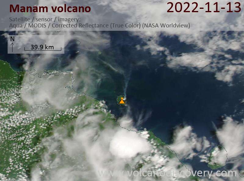 Спутниковое изображение вулкана Manam 13 Nov 2022