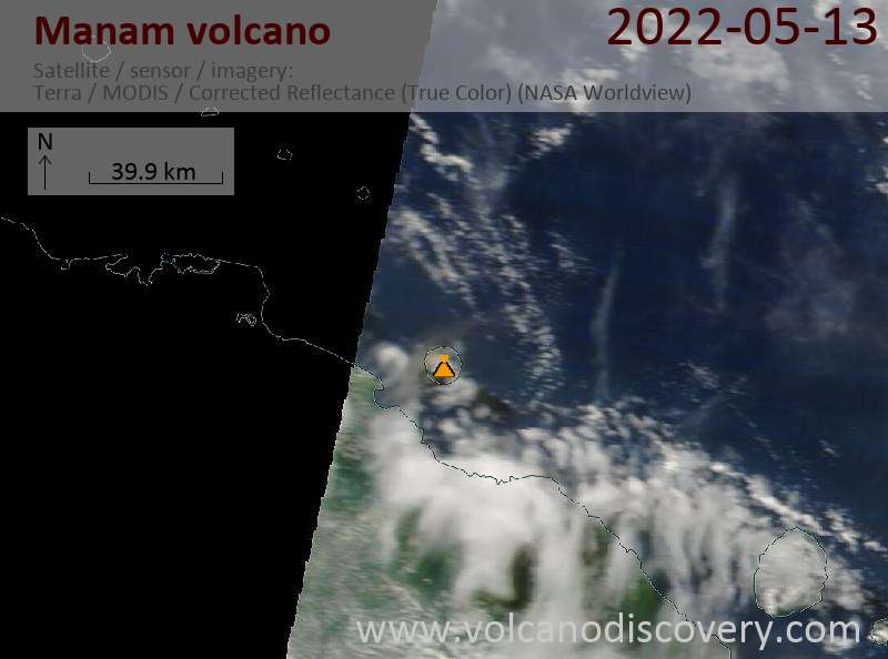 Satellite image of Manam volcano on 13 May 2022