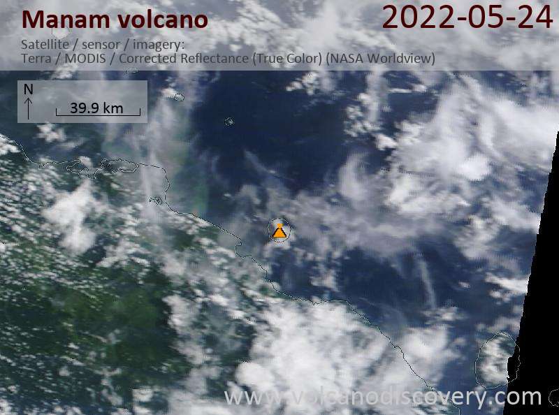 Satellitenbild des Manam Vulkans am 24 May 2022