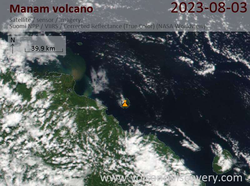 Satellite image of Manam volcano on  3 Aug 2023
