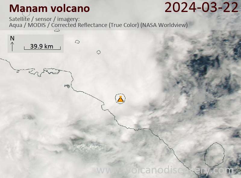 Satellite image of Manam volcano on 22 Mar 2024