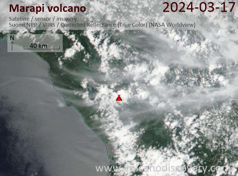 Imagen satelital del volcán Marapi el 17 de marzo de 2024
