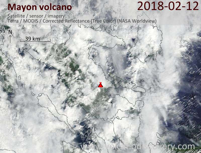 Satellite image of Mayon volcano on 12 Feb 2018
