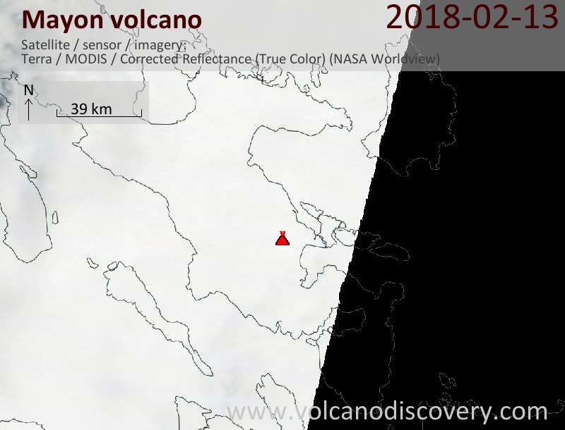 Satellite image of Mayon volcano on 13 Feb 2018