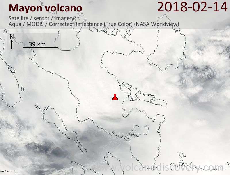 Satellite image of Mayon volcano on 14 Feb 2018