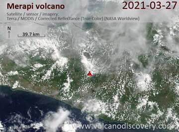 Satellite image of Merapi volcano on 27 Mar 2021