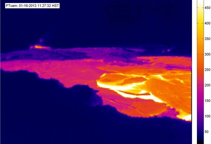 Pu`u `O`o thermal webcam capture on January 16, 2013 showing lava lake overflows.