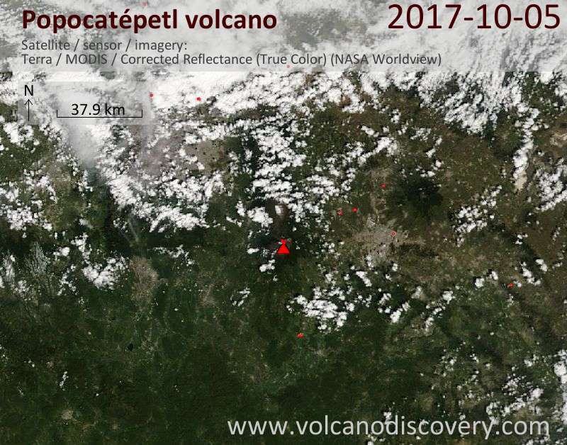 Satellite image of Popocatépetl volcano on  6 Oct 2017