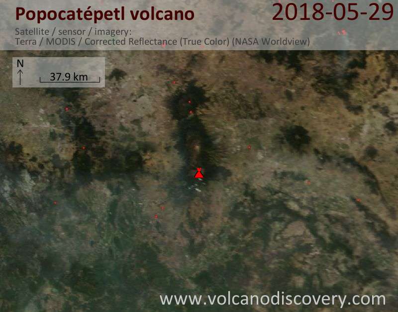 Satellite image of Popocatépetl volcano on 29 May 2018