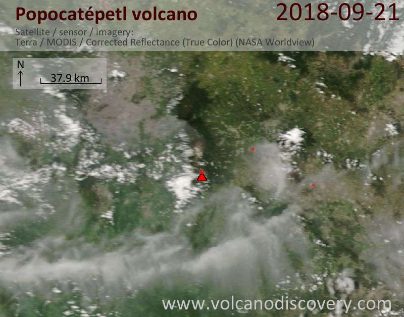 Satellite image of Popocatépetl volcano on 21 Sep 2018