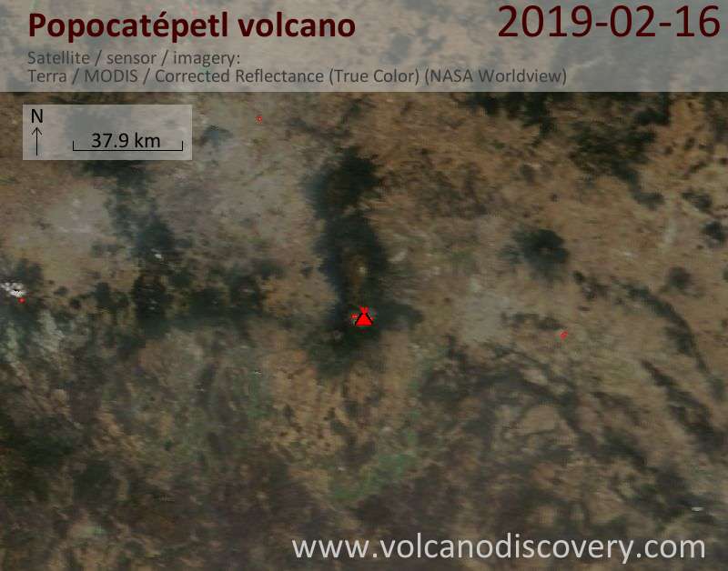 Satellite image of Popocatépetl volcano on 16 Feb 2019