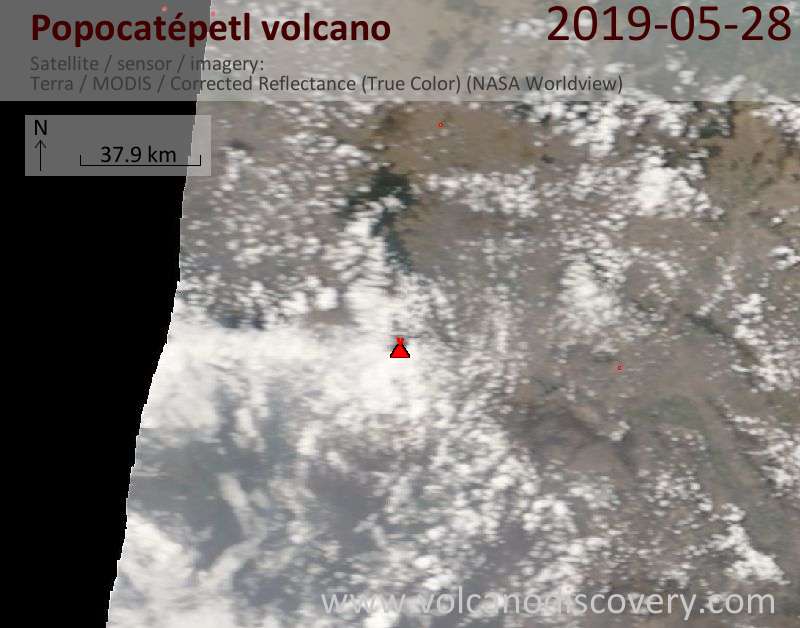 Satellite image of Popocatépetl volcano on 28 May 2019