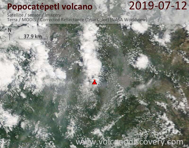 Satellite image of Popocatépetl volcano on 12 Jul 2019